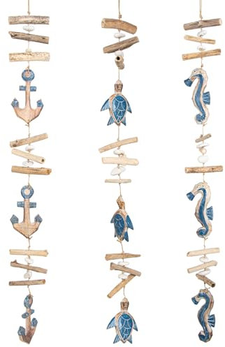 Logbuch-Verlag Maritime Deko zum Aufhängen in blau Natur 3 Girlanden mit Schildkröten Anker und Seepferdchen ca. 100 cm aus Treibholz