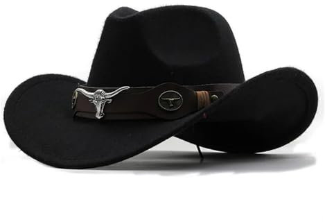 Westernhut Cowboyhut Rollkrempe Cowgirl Cap Cowboy Jazz Fedora Hut Filzmütze mit Kuhband für Damen Herren Kinder, Schwarz , Adults 56-58cm
