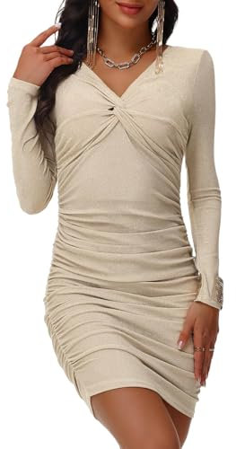 MISS MOLY Women's Sequins Dresses Stretchy V Neck Sexy Slim Long Sleeve Mini Bodycon Party Evening Cocktail Prom Ruched Dress for Ladies Champagne