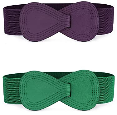 Allegra K Lot de 2 ceintures élastiques en similicuir avec boucle en forme de 8 pour femme, Vert et violet., 85cm/33.5