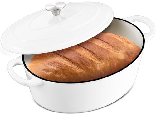 Leonyo 7-Quart Enameled Cast Iron Oval Dutch Oven Pot with Lid, White | 7QT Cast Iron Cookware Oval Dutch Oven Pot for Sourdough Bread Breaking, Braising, Stews, Roasting, Oven Safe
