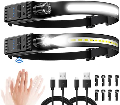 2Pack Head Torch Rechargeable, Super Bright 230° Wide Beam and Adjustable Focus Headtorch with Battery Level Indicator, 7 Modes with Motion Sensor, Waterproof Headlamp for Camping Running Cycling