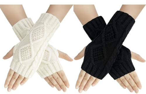 ZPLASK 2 Pairs Fingerless Gloves - Winter Arm Warmers for Men & Women - Fingerless Mittens for Christmas Gifts (Black, White)