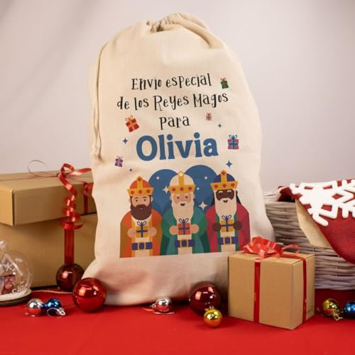 Saco Personalizado con Nombre. Bolsa de Regalos Papá Noel Personalizable. Saco Reyes Magos para Regalos. Adorno de Navidad Original.Cordón Ajustable. (Reyes Magos Regalos)