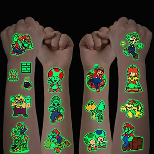 Tattoo Kinder, 12 Blätter Leuchtendes Mario Temporäre Tattoo Aufkleber für Mädchen Jungen Kindertattoos Wasserdicht für Geburtstagsgeschenke Kindergeburtstag Mitgebsel Festival Party Deko