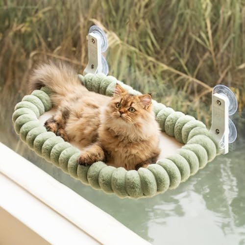 MEWOOFUN Hamac pour Chat Peluche Pliable avec Amovible et réversible avec - Doux lit fenetre Chat Cadre en Acier épais Peut Supporter jusqu'à 18 kg, Vert M
