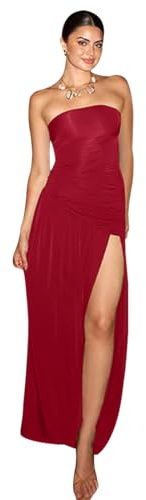 AOWVUTS Robe Longue sans Manches pour Femme Epaules Dénudées Fendue Sexy Maxi Froncée Bandeau Moulante de Cocktail Elégante Soirée Casual Mariage Fête