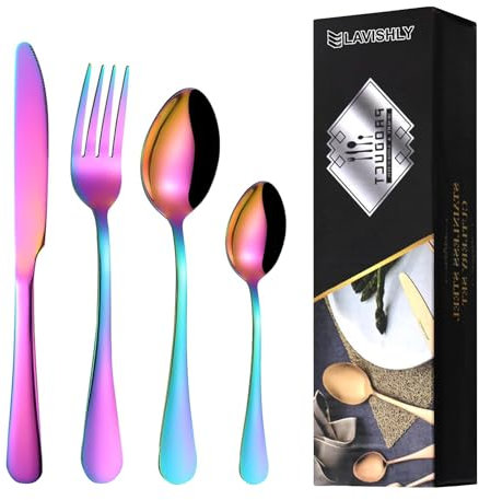 24-Piece Rainbow Stainless Steel Flatware Set, LAVISHLY Mirror Polished Cutlery for 6 People, Durable & Dishwasher Safe Tableware