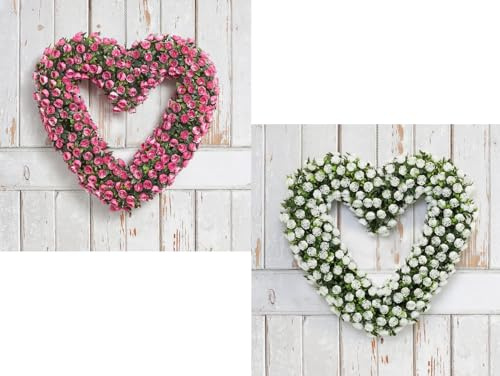 Artificial Hanging Rose Heart Topiary Wreath, 42cm in Diameter, 30cm Length Chain (white or pink to choose from) (WHITE)
