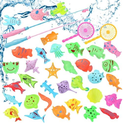 Angeln Spielzeug, 38 Stück Badespielzeug, Magnetisches Angeln Spielzeug vov wasserdichtes schwebendes Spielzeug in der Badewanne Lernspielset zum Angelnlernen