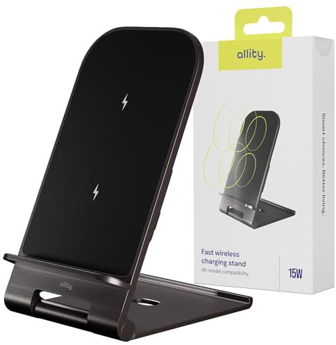 Allity Chargeur Induction 15W Rapide sans Fil 2 en 1 – Support Téléphone Pliable Aluminium, Stand de Recharge Qi Universel Compatible Magsafe iPhone – Station de Chargement Rapide USB-C