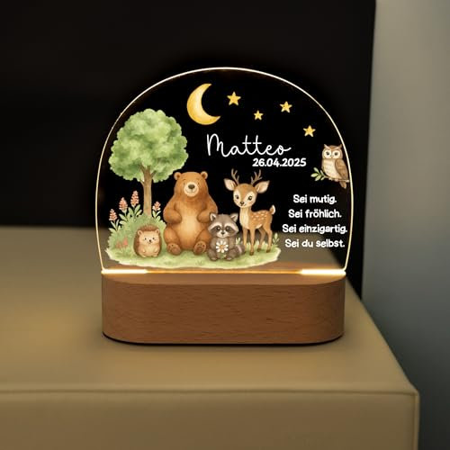 Bärenfreunde personalisiertes Nachtlicht für Babys, Nachttischlampe für Kinderzimmer, Babyzimmer, Nachttisch optional mit Akku und Fernbedienung als Geschenk für Kinder (Spruch Waldtiere Mond)