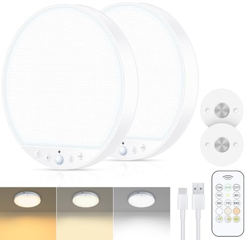 Akku Deckenlampe mit Bewegungsmelder Innen,6W Aufladbare LED Deckenleuchte Badezimmer mit Fernbedienung,Ohne Stromanschluss,Batteriebetriebene Kabellose Lampe für Schrank,Bad,Garage und Flur,2 Stück