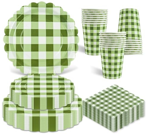 96PCS Sage Green Gingham Party Supplies, Scalloped Disposable Tableware Set Includes Paper Plates Napkins Cups Straws for Baby Shower Birthday Wedding Party Supplies, Serve 24