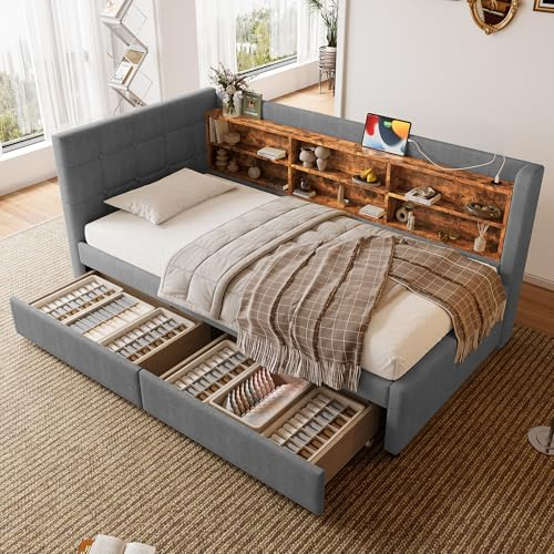 Polsterbett Schlafsofa 90x200, Bett mit 2 Schubladen, USB-Ladeanschluss und mehrere Ablagefächern, Bettgestell Funktionsbett Tagesbett Jugendbett Daybett mit Lattenrost, Leinen, Ohne Matratze, Grey
