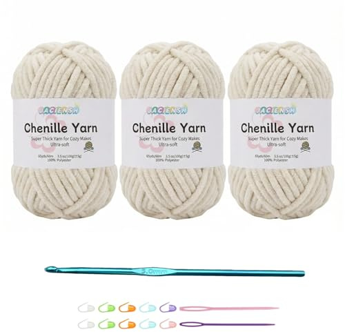 Jaciensh Chenille Wolle zum Häkeln 3x100g Häkelgarn Dicke Wolle Flauschige Babywolle,Ideal für Anfänger & Profis, Perfekt für Amigurumi & Decken (Beige - 3)