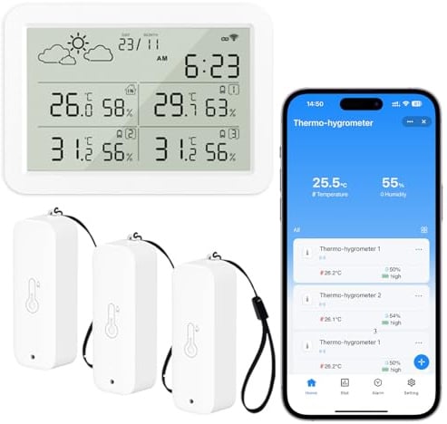 WIOONI WLAN Thermometer Hygrometer Innen Außen mit LCD-Display, WiFi Temperatursensor mit App, Tuya/Smart Life Kompatibel für Gewächshaus, Weinkeller, 3 Sensoren und 1 Basisstation