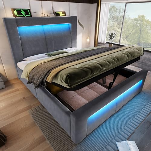 Xwiny Polsterbett mit Stauraum, 90x200 cm Einzelbett mit LED-Beleuchtung und USB- & Type-C-Ladeanschlüsse, Kopfteil mit Gebogenem Design, Lattenrost aus Holz, Grau (Ohne Matratze)