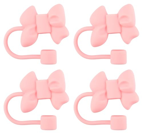 Wellrun 4 Pcs Cute Bow Straw Covers for Stanley Cups,8-10mm Silicone Toppers for 30/40 oz Tumblers,Reusable Dust-Proof Caps,Cup Accessories for Outdoor,Parties(Pink)