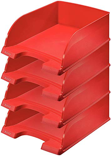 Leitz Briefkorb A4 Jumbo, 4er Pack, Briefablage mit extra großem Fassungsvermögen in Premium-Qualität, Stapelbare Ablagefächer als Schreibtisch-Organizer, Kombinierbar mit Plus-Serie, Rot, 52330025