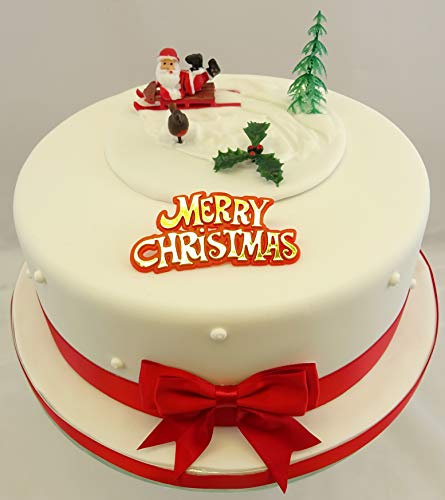 Santa/Father Christmas Cake Topper Decoration Ornament Santa on Sleigh Robin Tree Motto Holly Leaf and Red Ribbon Pack
