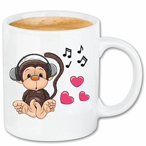 Kaffeetasse AFFE BEI MUSIK HÖREN LIEBE HERZ VERLIEBT MONKEY SCHIMPANSE AFFE GORILLA SILBERRÜCKEN MENSCHENAFFE CHARLY AFFEN KING KONG Keramik 330 ml in
