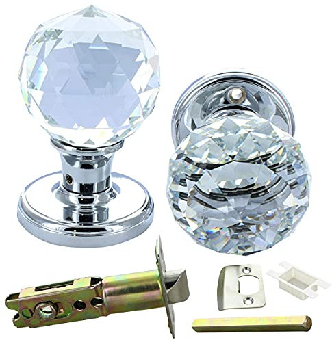 G Decor Crystal Round Clear Glass Mortice Door Knob Set with Silver Chrome Glass Mortice Interior, Home Improvement Accessories, Bedroom Bathroom Kitchen Door Handles Knobs (Pair)