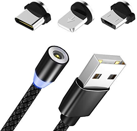 3 in 1 Phone Magnetic Charger Cable, Portable Fast Charging Nylon Braided Micro USB Connector Cord for Type C, Micro USB, IOS, 360° Circular Design 3.3/6.6 ft
