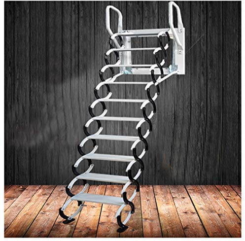 Klapptreppe, Stahlleiter für Wandmontage, Dachbodenleiter, zum Herunterziehen auf dem Dach, Schwarz / Weiß, Karbonstahl, 3 m