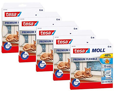 tesa Moll Premium Flexible selbstklebende Silikondichtung zur Isolierung von Spalten an Fenstern und Türen - transparent - 6m x 9mm x 7mm (5 Stück)