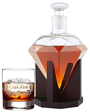 AMAVEL Whiskyset mit Diamantkaraffe und Whiskyglas mit Diamant Gravur, Personalisiert mit Name und Jahreszahl, Whiskey Dekanter