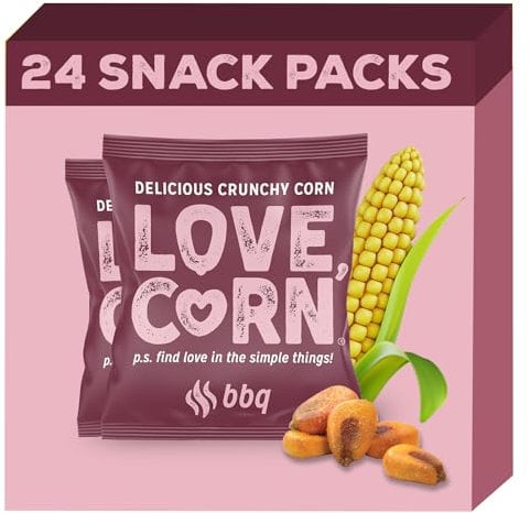 LOVE CORN: Barbecue (BBQ) | Roasted Crunchy Corn - Gluten-Free - Plant based & Vegan - Healthy Snack - Low Calorie - (Box of 24 bags, 20g each)