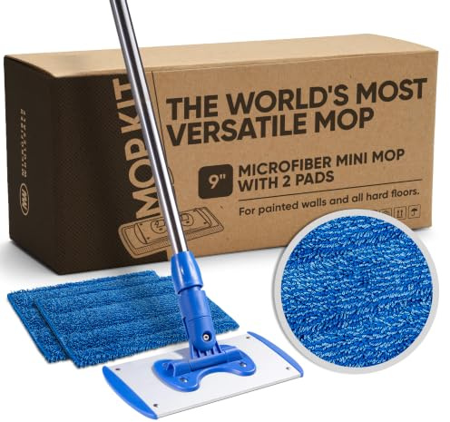 9 Flexible Mini Microfiber Mop System | Adjustable Stainless Steel Handle | 2 Reusable Microfiber Mop Pads | Machine Washable | Wet Mop for Hardwood, Laminate, Concrete, Tile, Stone, Vinyl Floors
