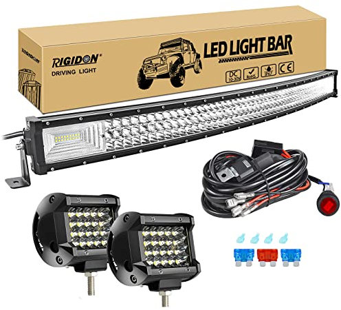 RIGIDON 42 Zoll 105 cm 540W gebogene led lichtleiste mit 12v kabelbaum kit, 2x 4 zoll spot led arbeitsscheinwerfer, Wasserdicht warmweiß offroad beleuchtung für Auto Offroad LKW KFZ Traktor 4x4, 6000K