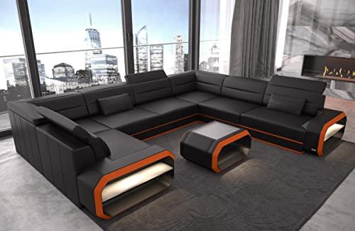 Wohnlandschaft Verona Ledersofa U Form Sofa - mit LED Beleuchtung, verstellbare Kopfstützen/Lederfarben wählbar/Ausrichtung wählbar (Lange Seite rechts, Schwarz-Orange)