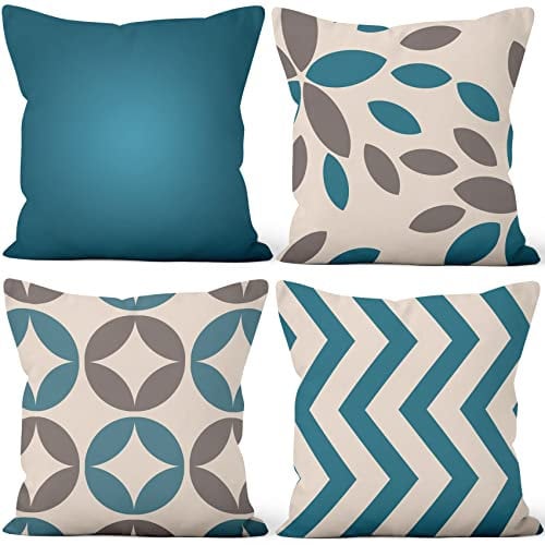 Aoihrraan Fodere per Cuscini Set di 4, Fodere Per Cuscini Minimaliste Con Geometria Darkcyan E Grey Morbido Peluche Corto Quadrato Federa per Divano Camera da Letto Auto Sedia Casa Decoro 55x55cm