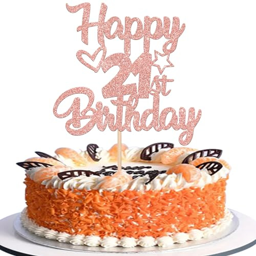SYKYCTCY 1 Pack Happy 21st Birthday Cake Topper Glitter Heart Star 21 Fabulous Cake Pick Birthday Sign Cake Decorations for 21st Birthday Theme Party Supplies Rosegold