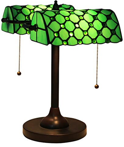 Green Bankers Lampe, Tiffany-Lampe, Buntglaslampe, Antike Glastischlampe, Vintage-Bürotischlampe, Leselampe, Schlafzimmer Nachttisch-Klavier-Studienlampe, Legierungssockel, 2 Lampenschirm, H17in