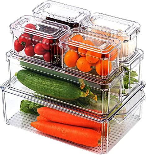 HASA zone Fridge Organisers with Lids Set of 7, Stackable Fridge Organisers, Fruits Vegetable Freezer Storage Boxes, Clear Storage Containers for Kitchen, Cupboards, Freezer, Cabinets, Pantry