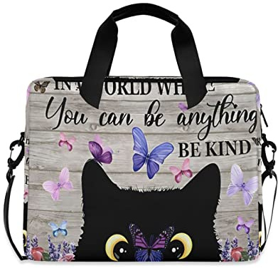 Mnsruu Sac pour ordinateur portable 33-15,6 en polyester avec bandoulière et poignée en forme de chat noir et papillon