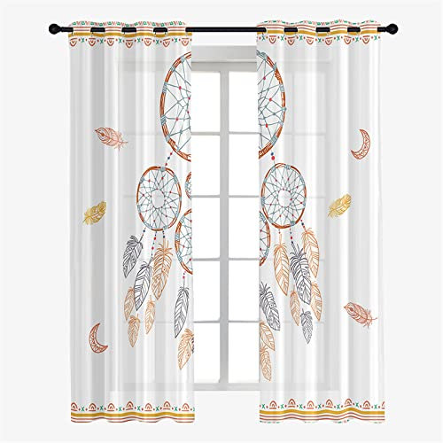 Hiseng Schiebegardinen Voile Vorhang Gardinen 2er Set, Traumfänger Sheer Schiebevorhänge Lichtdurchlässig Flächenvorhänge für Wohnzimmer Fensterschal Schlafzimmer (140x275cm,Feder)