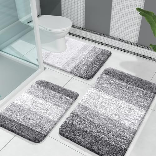 OLANLY Bathroom Rugs Sets 3 Piece, Soft Absorbent Microfiber Bath Mats and U-Shaped Contour Toilet Rug, Machine Wash Dry, Plush Shaggy Bath Mat Set for Bathroom (30x20+24x16+24x20, Grey)