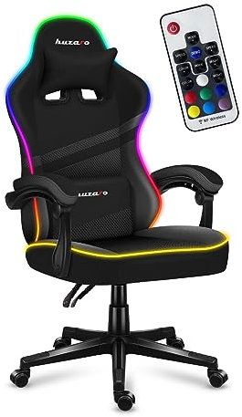 huzaro Force 4.4 RGB Black | LED Beleuchtung Gaming Stuhl Bürostuhl Schreibtischstuhl Ergonomischer Kunstleder Stoff | Kopfstütze Lendenkissen Höhenverstellbar Wippfunktion 130 kg belastbar | Schwarz