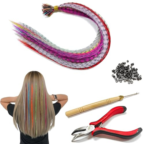 167 Stück Synthetische Feder-Haarverlängerungs, 65 Stück Bunte Haarteile mit 100 Perlen, Zange und Haken für Frauen, Mädchen, Party, Festival, Deko, Geburtstagsfeierbevorzugungen