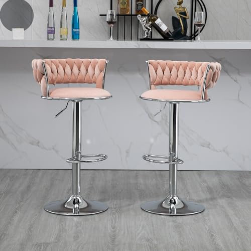 Barhocker 2er Set Samt Barstuhl Höhenverstellbar 360° Drehbar Hocker Mit Handgeflochtener Rückenlehne Und Runder Silber Fuß Fußstütze Kücheninsel Beistellstuhl (Rosa+Silber)