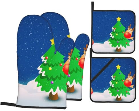 Ofenhandschuhe und Topflappen, Motiv: Weihnachtsbaum, Elch, bedruckt, hitzebeständig, wasserdicht, ideal für Küche, Mikrowelle, Backofen und Grill, 4 Stück