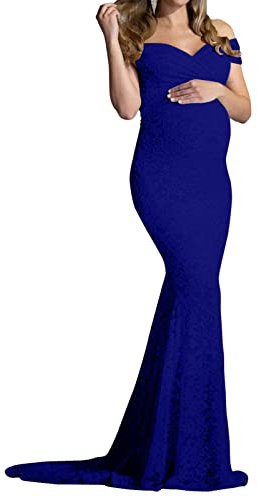 Robe Long Grossesse Chic Et Elegant Manche Courte Col en V Robe à épaules Dénudées Enceinte Pas Cher Robe Maternité Fête Soirée Mariage Cérémonie Shooting Photo (Blue, S)