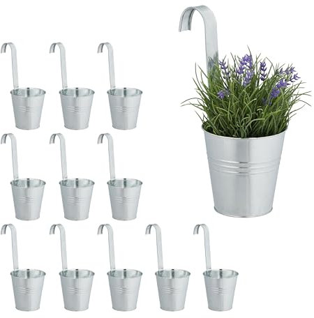 Relaxdays Juego Pack 12 Macetas Colgantes Metálicas, Tiestos Flores para Barandilla, Metal Galvanizado, 30x13x20 cm, Plateado, Hierro
