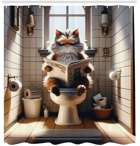 ABAKUHAUS Lustig Duschvorhang, Humorvolle Szene mit Einer Katze die auf Einer Toilette sitzt und Zeitung liest Druck, Stoffliches Gewebe mit Haken, 175 x 180 cm, Verbranntes Orange Türkis Blau