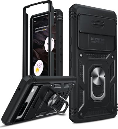 LeYi Coque pour Google Pixel 7A avec Anneau Support et Lentille Coulissante Couverture, Protection de Caméra,PC Dur Anti-Chut Renforcée Armor Heavy Duty Bumper Housse Etui Pixel 7A Antichoc-Noir